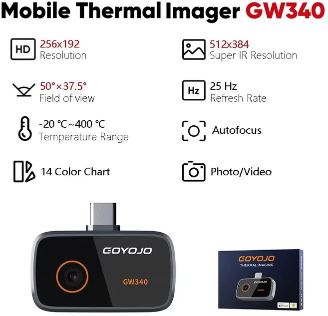 아이폰 15/16/17 시리즈 및 안드로이드용 열화상 카메라 256x192 IR 해상도 열화상 카메라 또는 HVAC/PCB, 02 GW340 512x384, 1