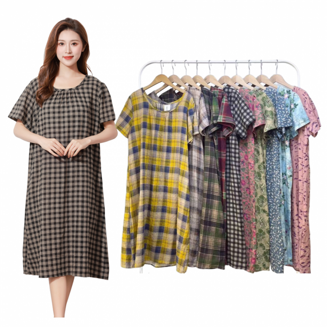 5위 - 25년신규 아사면원피스 면원피스 여름원피스 빅사이즈원피스 체크원피스 꽃치마 홈웨어