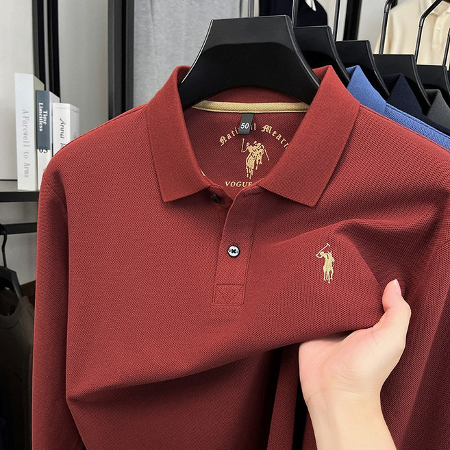 保羅刺繡100%純棉polo衫長袖男高級感翻領休閒秋季中年男士polo衫