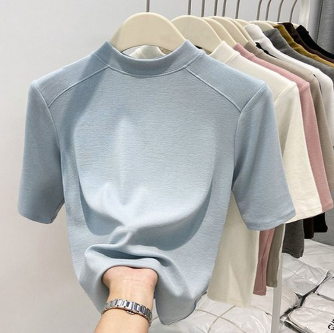 FANSYLI 반팔 티셔츠 순면 여성 반폴라 5부티 패션 스판 슬림 이너 상의 간절기 오피스룩 빅사이즈 X2508A30