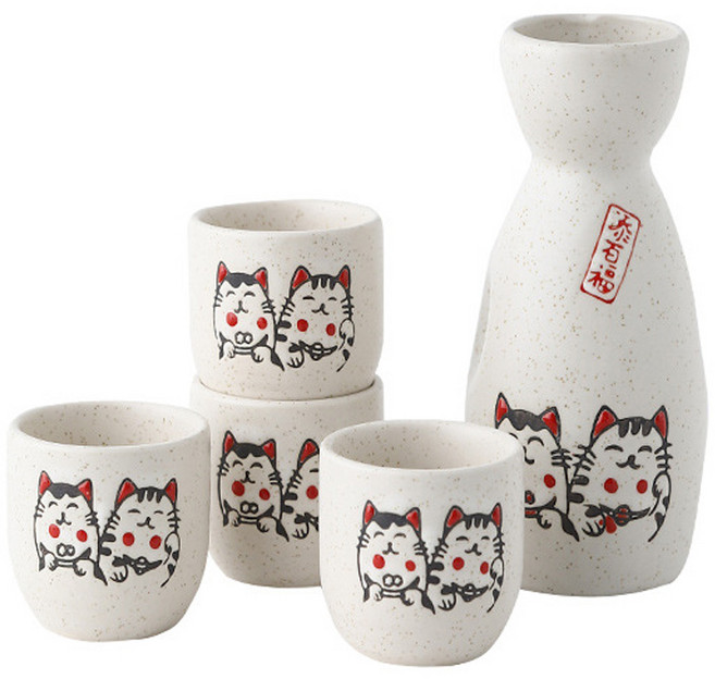 도쿠리 사케병 사케잔 5P구성 잔4P+도쿠리1P, 무광F타입_고양이, 1세트