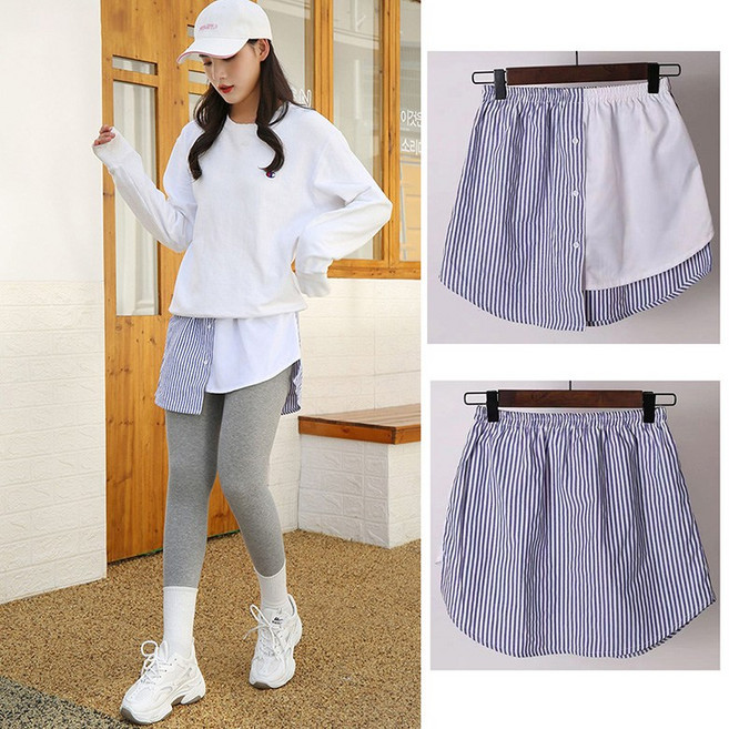 POMTOR 여성 스트라이프 셔츠 숏스커트 데일리 페이크레이어드 셔츠 힙커버