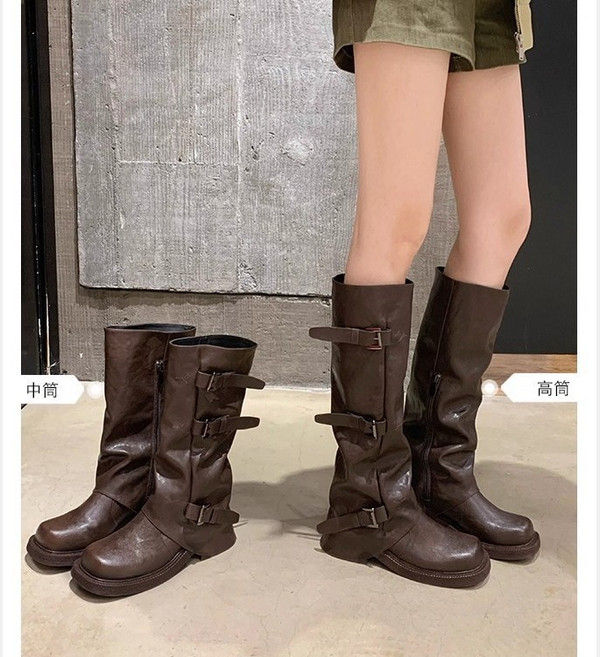 真皮褶皺騎士靴，皮帶扣設計，方圓頭厚底女靴