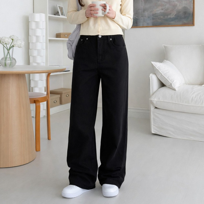 쏘옷 여성용 백라인 비조버튼 하이웨이스트 세미 와이드 면 팬츠