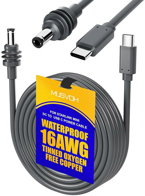 스타링크 미니 USB C-DC 전원 케이블용 MUSVOH 타입 9FT/270M 65W-100W PD 소스와 호환되는 야외 방수 16AWG 주석 도금 무산소 구리 OFC, 24FT/7.3M, DC-USB C, 1개