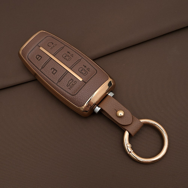 현대 G70 G80 GV70 GV80 GV90 호환 TPU 프리미엄 가죽 자동차 스마트 키 케이스 키홀더, 6버튼TL60, 브라운골드