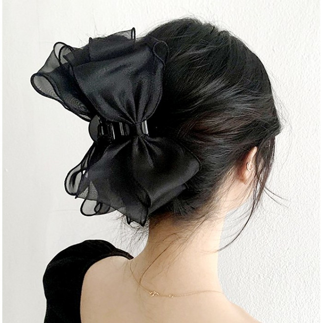 헤링 햅번 블랙 새틴 슬림 리본 청순 왕집게핀 13cm