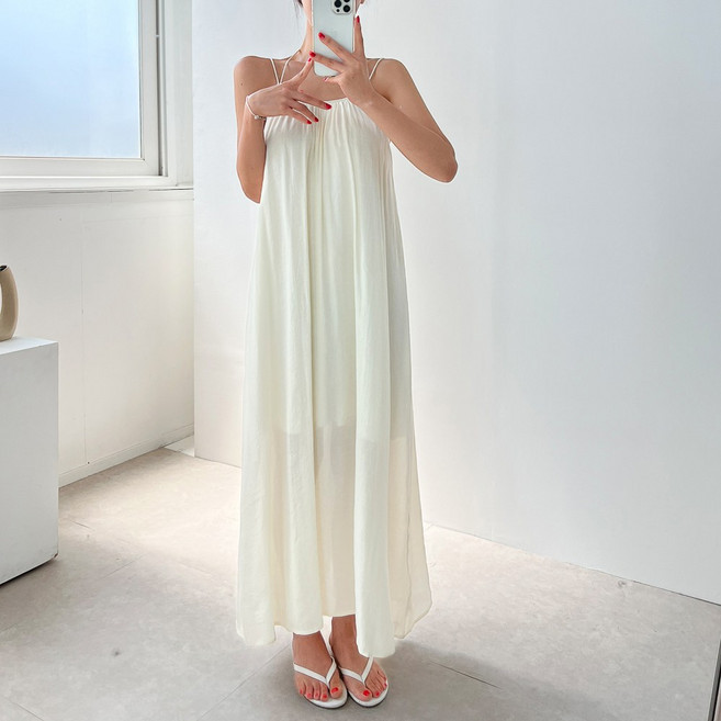 실키 홀터 끈 나시 뷔스티에 백리스 쉬폰 셔링 플레어 롱 원피스 3color