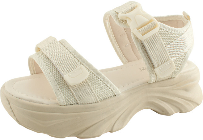 매쉬 버클 통굽 미들힐 스포츠 샌들 5cm