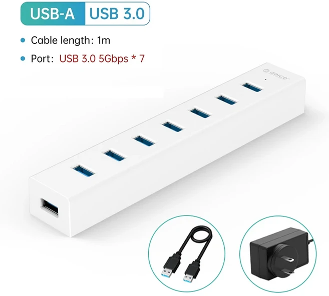 오리코 7포트 USB 3.0 허브 (12V 전원 어댑터 포함) 고속 분배기 (노트북 데스크탑 PC 맥 액세서리용), 04 White US