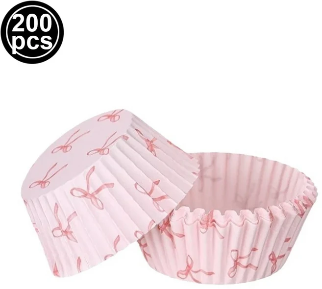핑크 리본 컵케이크 장식 라이너 베이킹 컵 토퍼 결혼식 학사 활 생일 테마 파티 호의, 01 200pcs cake cups