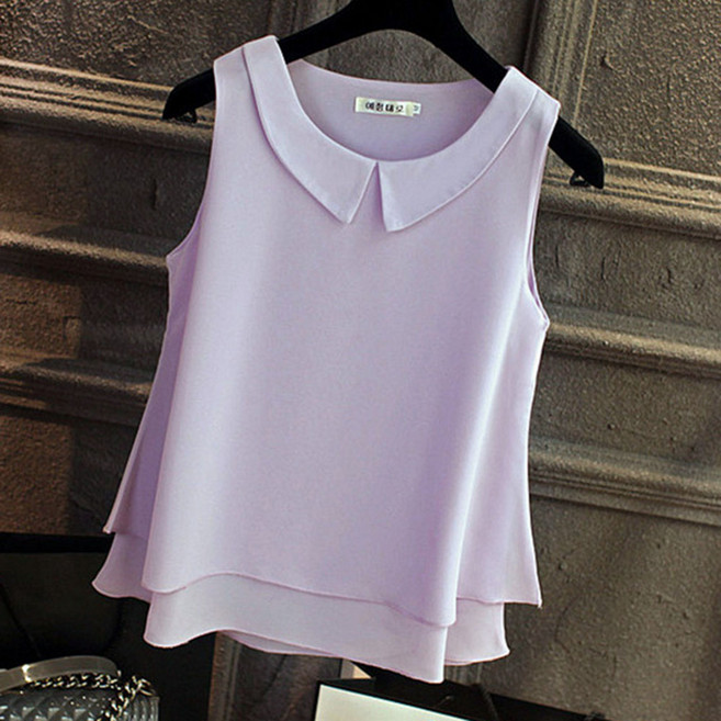 ROYALBELLE 여성 카라넥 레이어드 디테일 루즈핏 민소매 쉬폰 블라우스 T03251