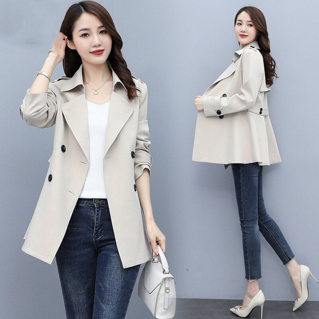 FANSYLI 숏 캐주얼 트렌치코트 여신상 봄가을 고급스러운 더블 트렌치코트 스타일리쉬 허리조임 슬림핏 통근자켓 W2408A02