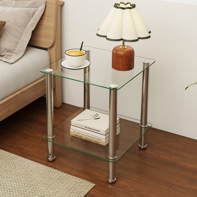 거실 소파 사이드테이블 2단 강화유리 침대 미니 인테리어 수납 테이블, 투명