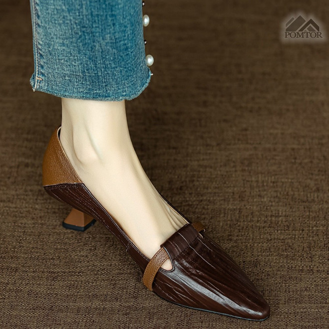 POMTOR 여성용 발편한 스트랩 뾰족 스틸레토 플랫슈즈 단화 3cm