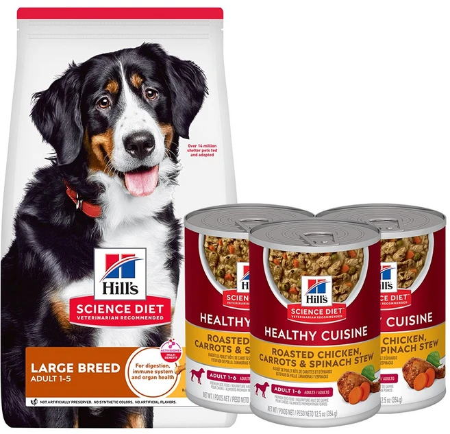 힐스 강아지사료 어덜트 라지브리드 15kg 1개 (6946HG)+어덜트 헬씨 퀴진 치킨 & 쌀 스튜 354g 3개 (10450), 닭 - 쿠팡