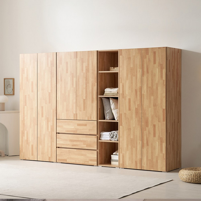 [케이컴퍼니] 피크 푸시2800장롱세트DCSD(옷장+3서랍도어옷장+400오픈선반장+이불장), 고무나무