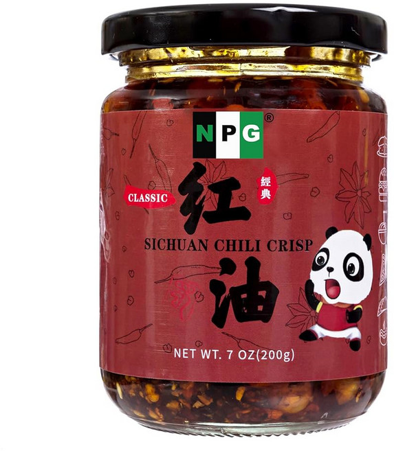 칠리소스 핫소스 매콤 NPG 정통 쓰촨성 검은콩 칠리 소스 7온스 중간 불 톡 쏘는 맛 발효 토핑 디핑 요리에 핫 소스를 사용할 준비 완료 프리미엄 중국 조미료, Chili Crisp, 1개