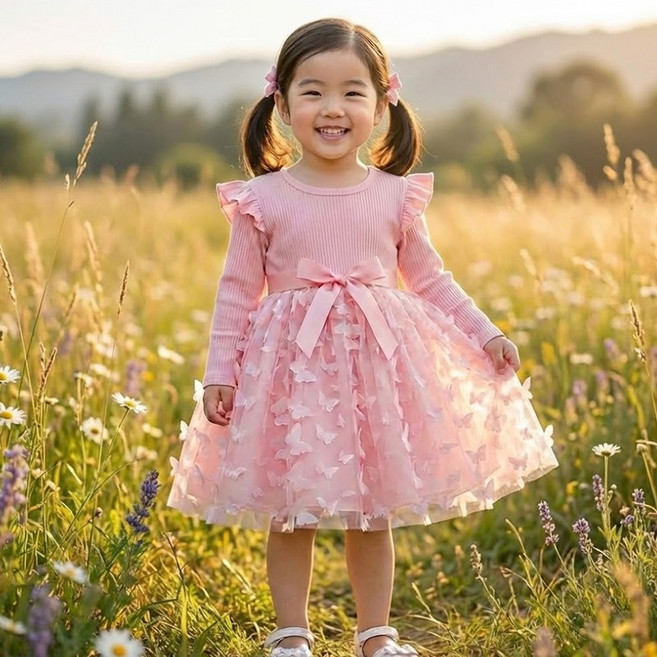 모모토리 모모토리 자체제작 여아 유아 아동 봄의 요정 나비 샤 골지 공주 원피스 봄 등원룩
