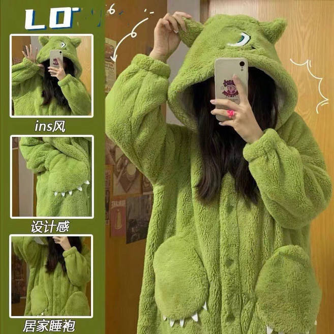 可愛卡通睡袍 珊瑚絨保暖家居服