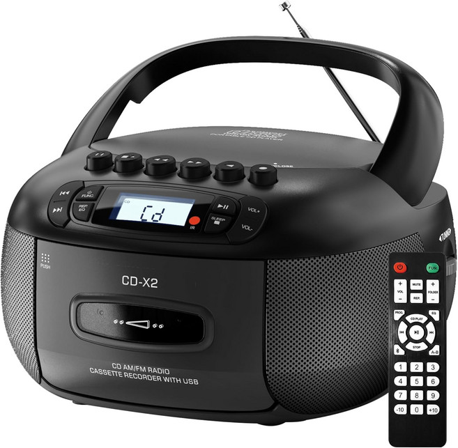 큐폼 붐박스 CD 카세트 플레이어 콤보: 블루투스 및 리모컨이 있는 스테레오 사운드 AM FM 라디오블랙, RED