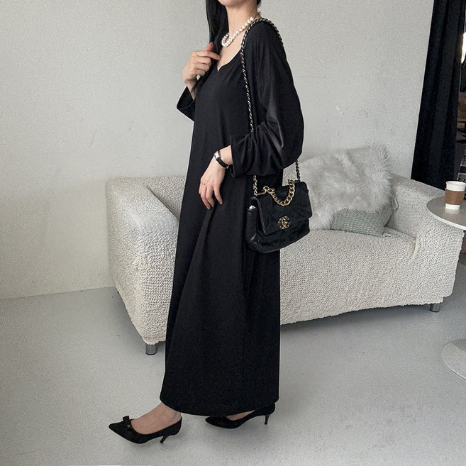 빅걸스토리 빅사이즈 브이넥 골지 스판 무지 데일리 원피스