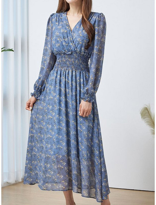 모리스커밍홈 브이넥 플라워패턴 긴팔 원피스 M2602OP021A