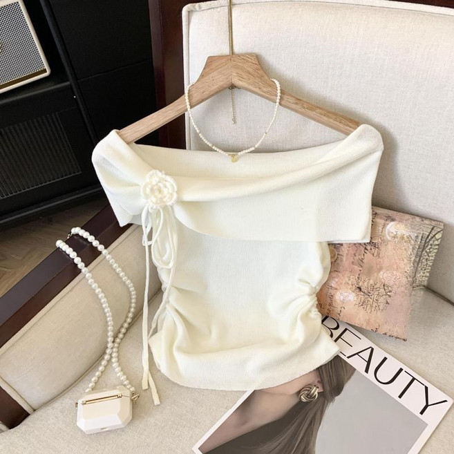 해피유통 여성 프렌치 오프숄더 반팔 티 쇼트 니트 탑 jh wcy