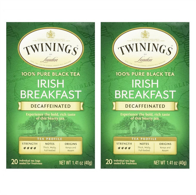 Twinings 트와이닝 아이리쉬 브렉퍼스트 디카페인 20티백 1.41oz(40g) 2팩, 40g, 20개입