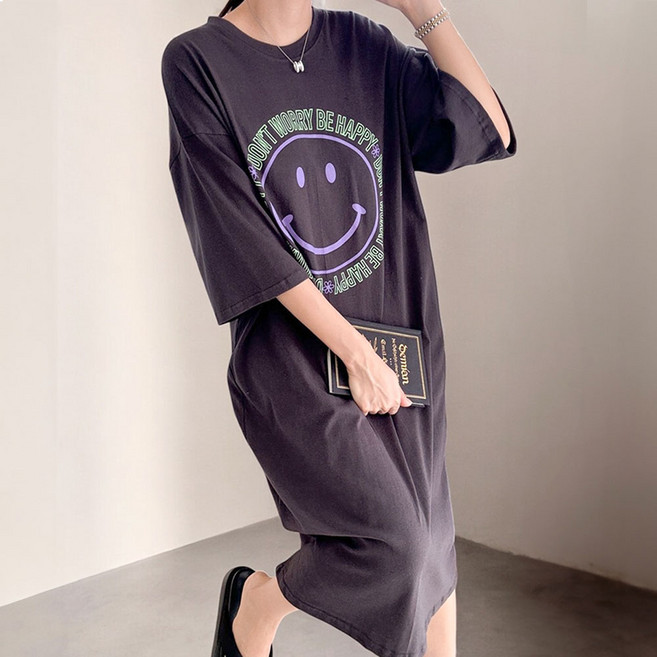 [LBRAND] 면100 다조아 스마일 반팔 롱원피스