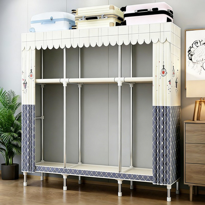 [시스슈] 강화 철제 3단 이동 옷장 시스템 - 먼지방지 커튼과 대용량 하단 수납이 있는 조립식 합금 비키니 옷장, 베이지 격자
