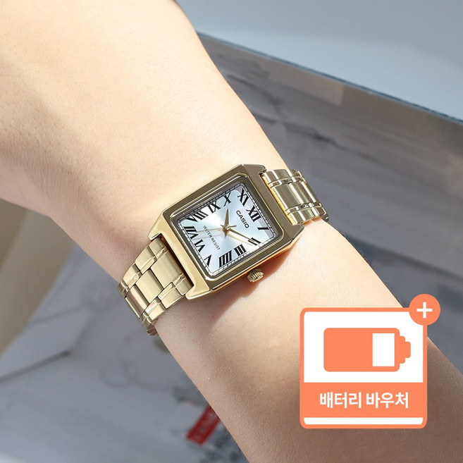 카시오 정장 클래식 스퀘어 로마자 생활방수 미네랄 글라스 여성 메탈 시계 + 배터리 바우처