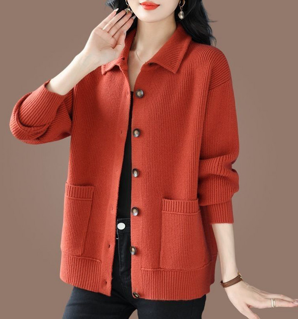 AOKADA 중년 여성 가을 겨울 루즈핏 카라 엄마 니트 가디건 스웨터