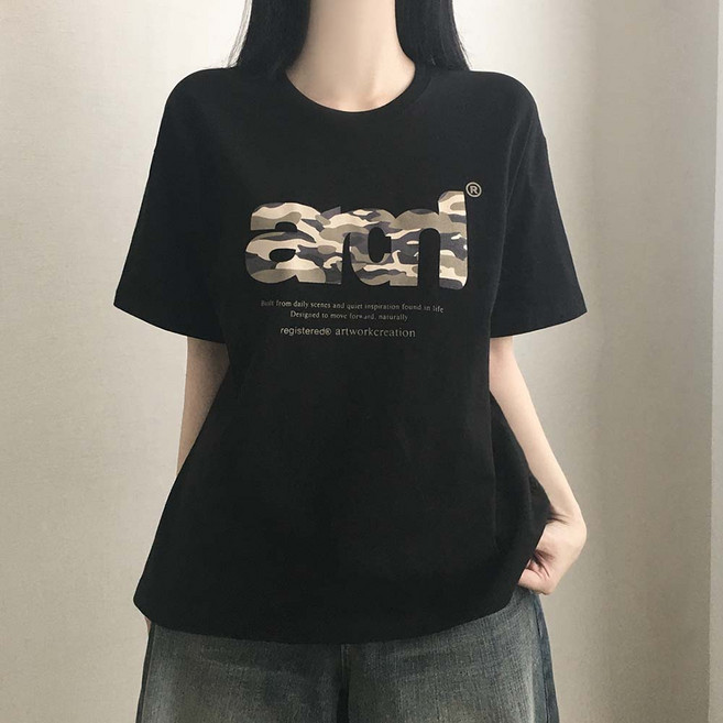 아치 밀리터리 영문 레터링 프린팅 루즈핏 반팔 티셔츠