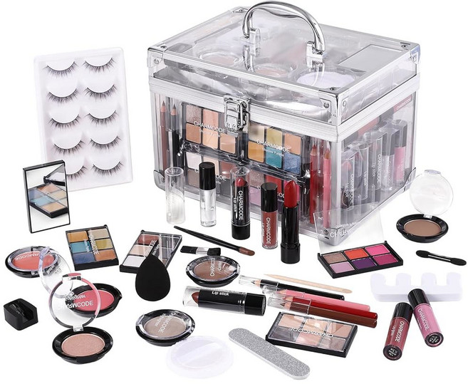 [미국배송] 여성용 메이크업 키트 풀 - 아이섀도 팔레트 립스틱 립글로스 블러셔 컨투어 형광펜 펜슬 인조 속눈썹 틴 걸스 스타터 프로를 위한 재사용 가능한 기차 케이스 선물 세트, 1개