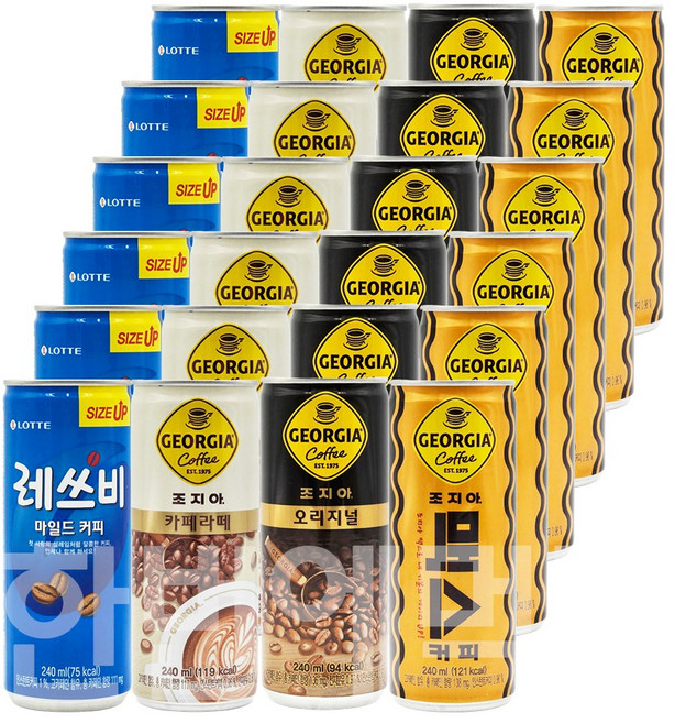 [한번에먹자] 캔커피 4종 혼합 / 레쓰비 + 조지아 오리지널 + 조지아 맥스 + 조지아 카페라떼, 24개, 240ml