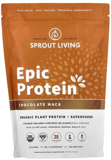 Sprout Living Epic Protein® Plant Protein + Superfoods Chocolate Maca 1 lb 456 g, 453g, 1개, 453 g - 쿠팡