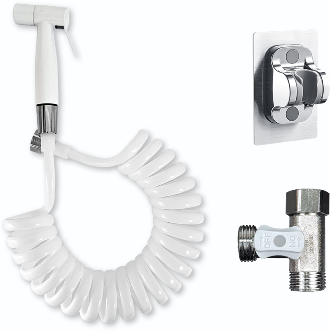 욕실 스프레이건 세트 EVA 황동스프링호스 + 접착식 거치대 + 황동 T 밸브, 화이트, 3.5m