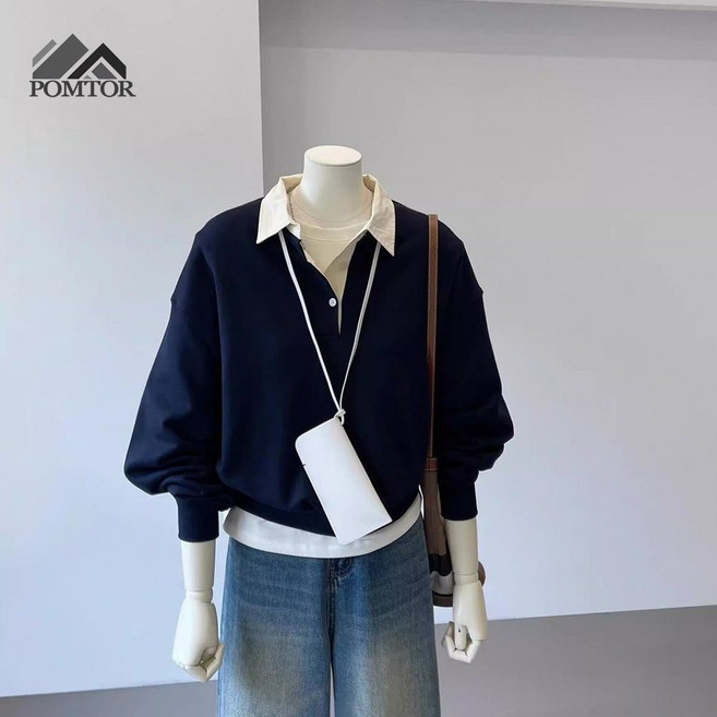POMTOR 여성 페이크 투피스 셔츠 넥 맨투맨 가을 긴팔 오버핏 상의
