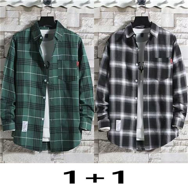 1+1 남자 긴팔 셔츠 남방 캐주얼 봄 가을 긴팔티 상의 루즈핏 빅사이즈 남성 체크 남방 WXY
