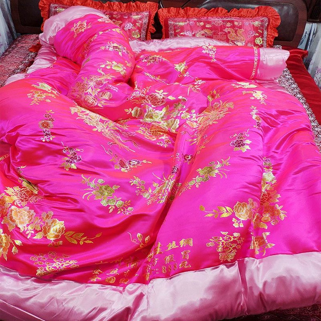 혼수비단이불 지퍼형 전통예단 원앙 용 봉황 모란꽃, 전체 플라워 다크핑크+핑크