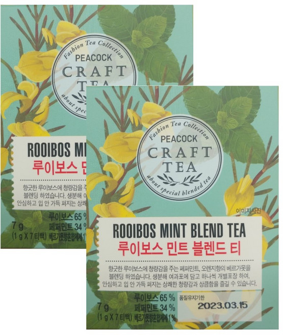 피코크 루이보스 민트 블렌드 티 7입 7g x 2개 (1g x 14티백), 7개입, 1g