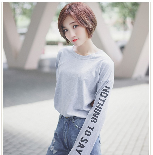 純棉長袖T恤 NOTHING TO SAY 印花 情侶款 班服團體服 灰色/白色