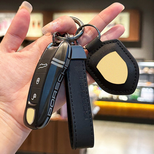 포르쉐 차 키케이스 키링 엠블럼 스트랩 세트, 신형포르쉐 키케이스+방패키링+스트랩, 블랙