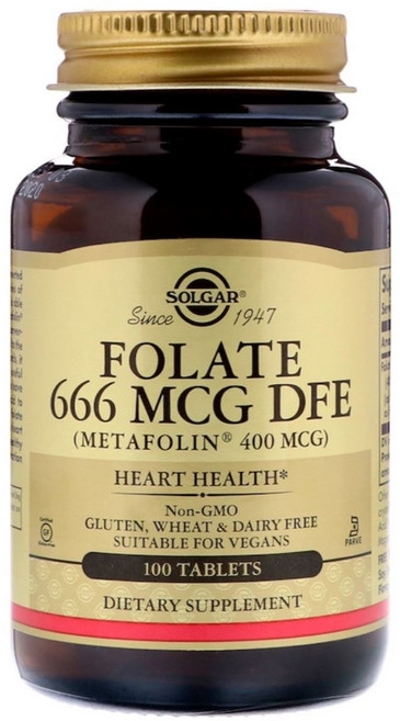 SOLGAR 無麩質葉酸素食錠 666mcg DFE, 100顆, 1罐