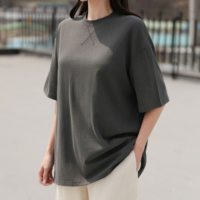 빼빼 여성용 라운드넥 피그먼트 오버핏 스티치자수 반팔 티셔츠