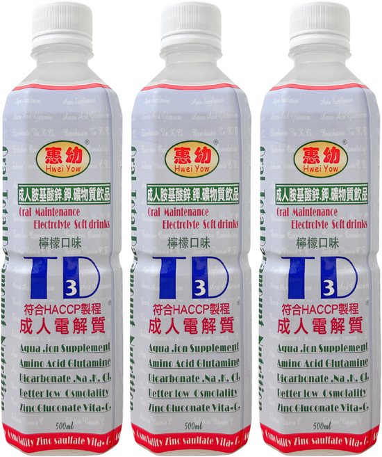 惠幼 迅速補充水分與電解質 維持身體機能平衡 讓您活力充沛, 1個, TD3成人電解質飲品(檸檬口味), 500ml