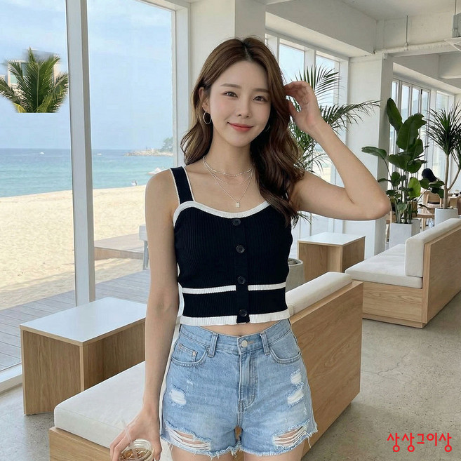상상그이상 여성용 셀리 니트 나시 꾸안꾸 배색 민소매 스퀘어넥 여름나시 레이어드 소재좋은 슬리브리스