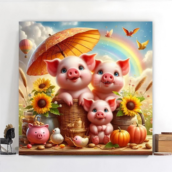 귀여운 동물 DIY 보석십자수 캔버스형 세트원형비즈십자수 DIY키트 50x50cm 3D 대형 재물 선물용 객실 풍수 인테리어, 돼지 가족 해바라기, 1개