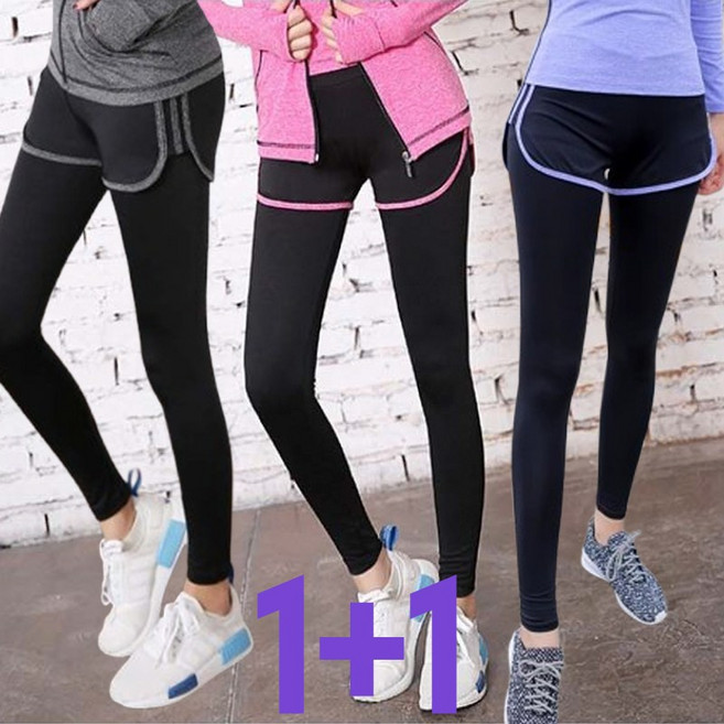 leoq 여자 러닝 운동 반바지 레깅스 일체형 9부